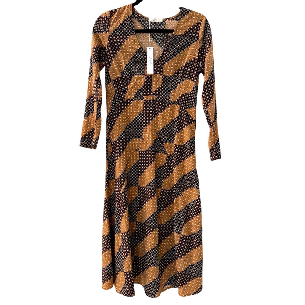 New Monte LA Tribeca Mocha Patchwork Print Midi Dress S Artsy Beachy NWT Boho